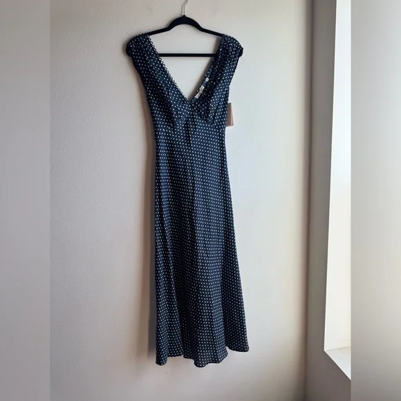 NWT Dôen Tahlia Polka-Dot Dress V-Neck Belted Blue - Picture 2 of 4